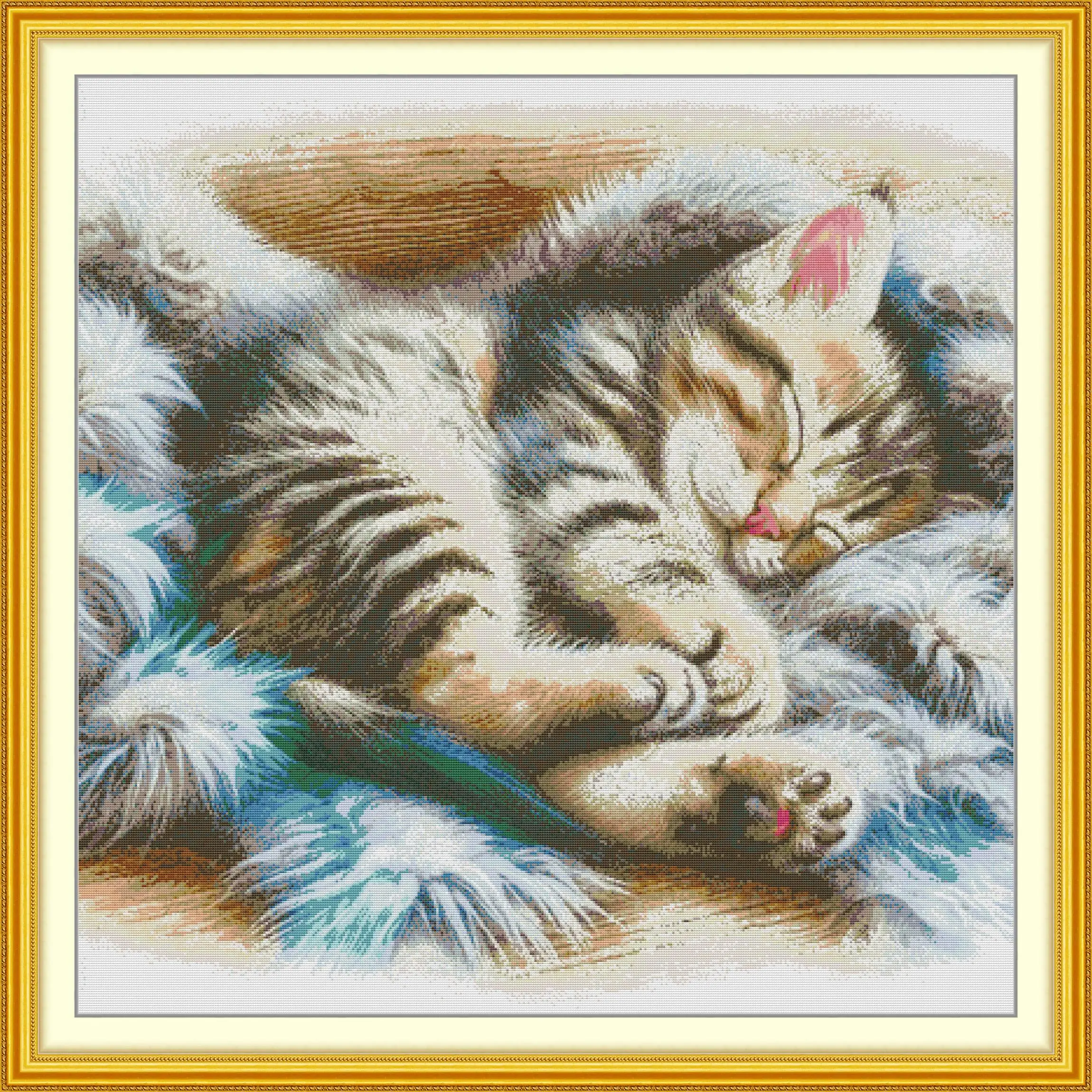 

Soulgift News Pre-Printed Cross Stitch Kit, Stamped Aida Fabric with DMC Threads, Embroidery kit - Sleeping Cat