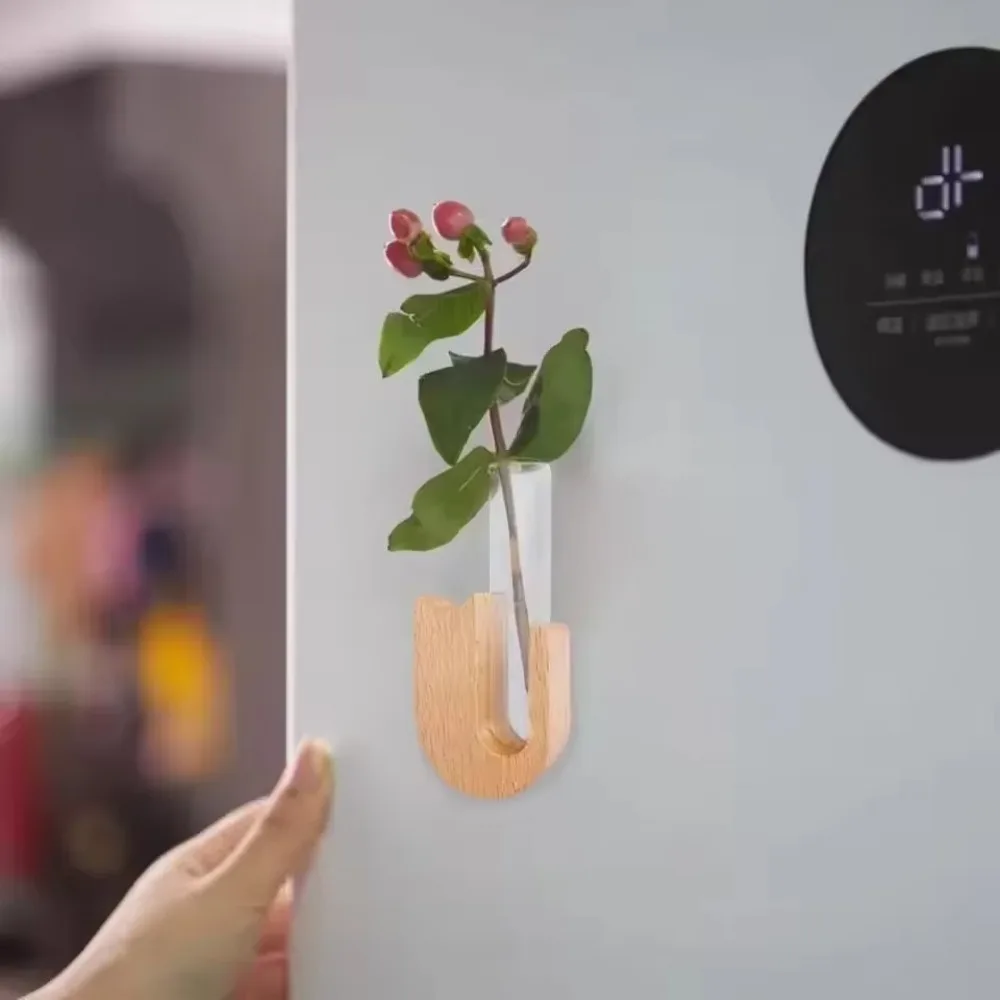 

Wooden Pet Cat Hair Vase Cartoon Magnetic Hydroponic Plants Vase with Glass Tube Pet Hair Storage Box Fridge Decoration