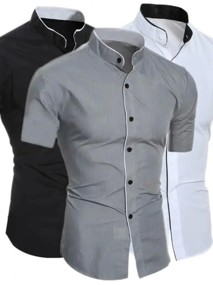 

ort Sve Stand up Collar irt Color Blo Loose Fit European Simple Sle Spring Summer Mens irt Pure Color Button Clo...