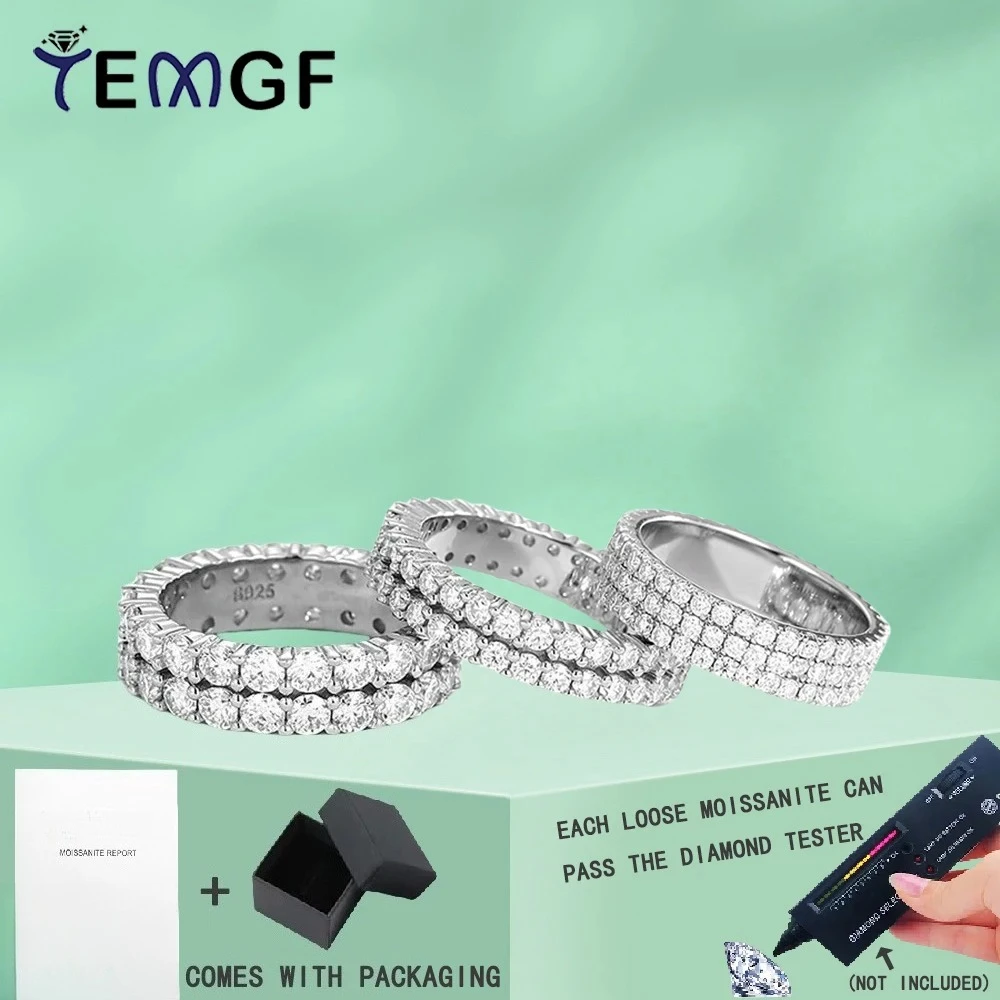 

TEMGF Full Moissanite Ring 2/3 Rows 925 Sterling Sliver for Woman Man Party Fashion Sparkling Fine Jewelry Couple Date Love Gift