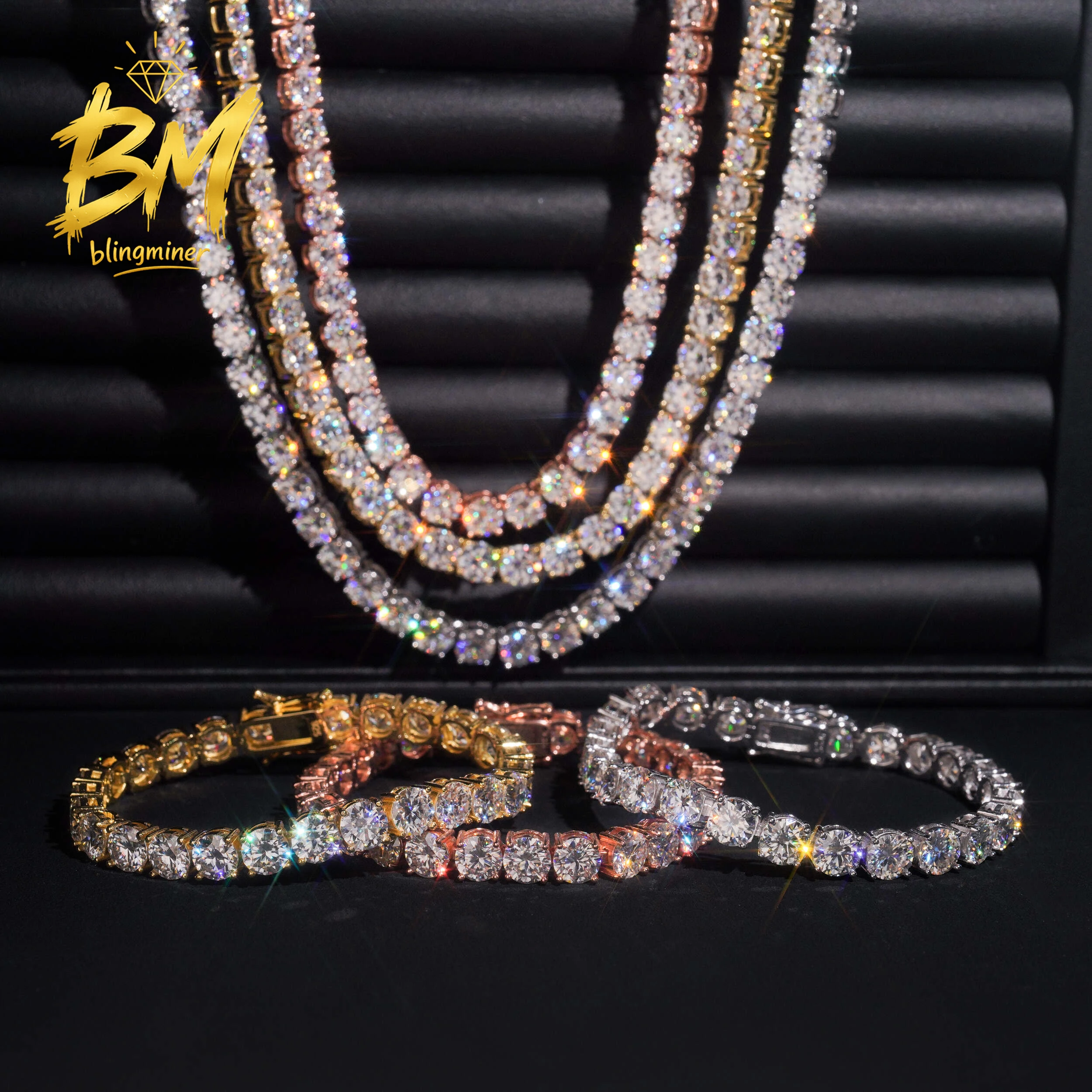 Blingminer 6.5mm VVS Moissanite Tennis Chain Iced Out Necklaces For Men S925 Silver Pass Diamonds Tester With GRA Free Shipping