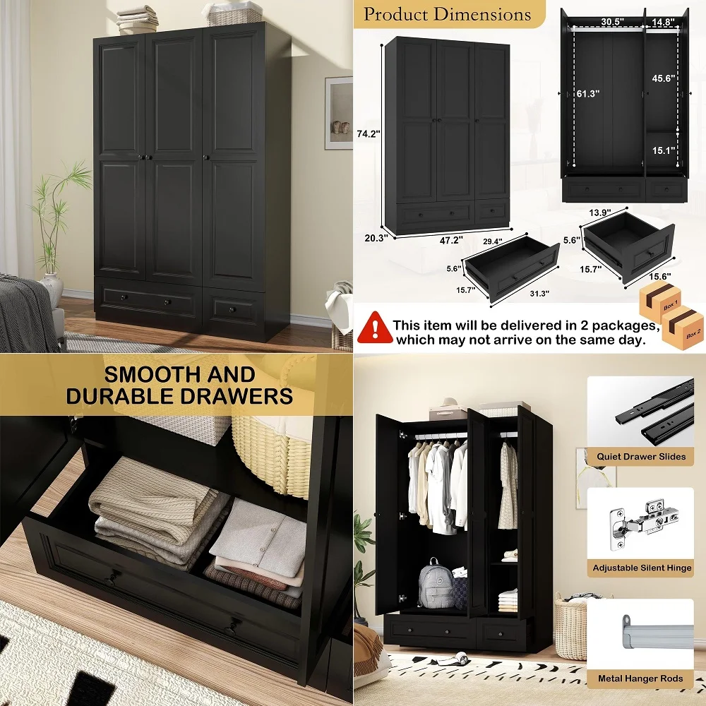 

Wardrobe Armoire Closet with 3 Doors, Freestanding Wardrobe Cabinet for Hanging Clothes, Bedroom Armoire Dresser Clothes Organi
