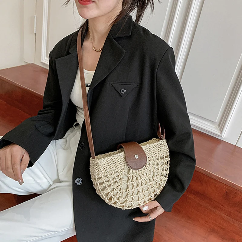 Yogodlns Sommer Stroh Tasche Für Frauen Mode Halbkreis Umhängetaschen Rattan Handgemachte Messenger Handtasche Reise Strand Taschen Tote – Detail 14