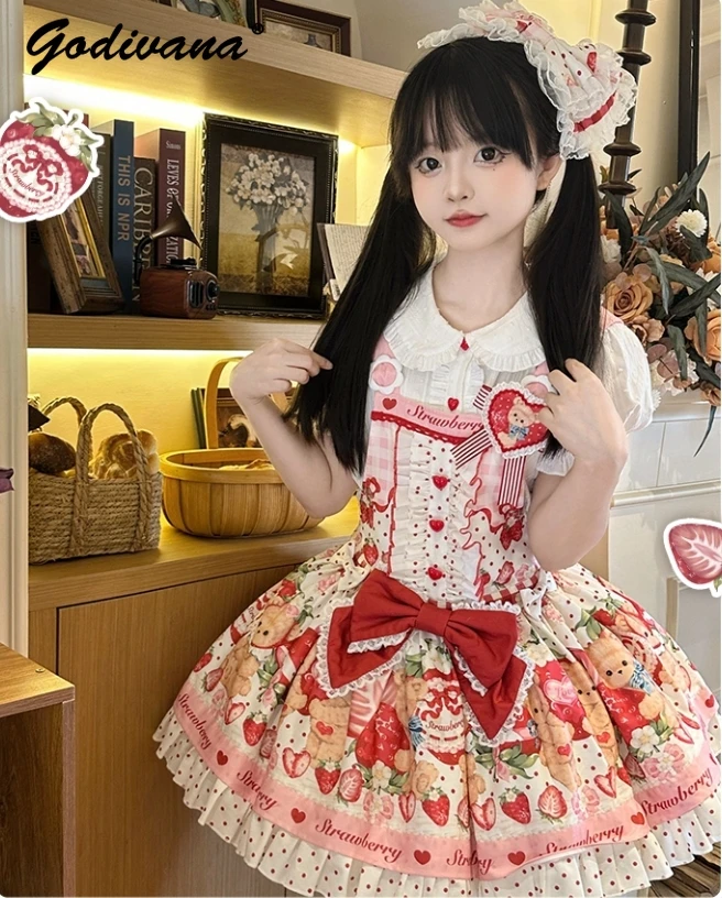Original Spring and Summer Lolita Girls Cute Printed Strap Dress Women's Kawaii Short Suspender Dress