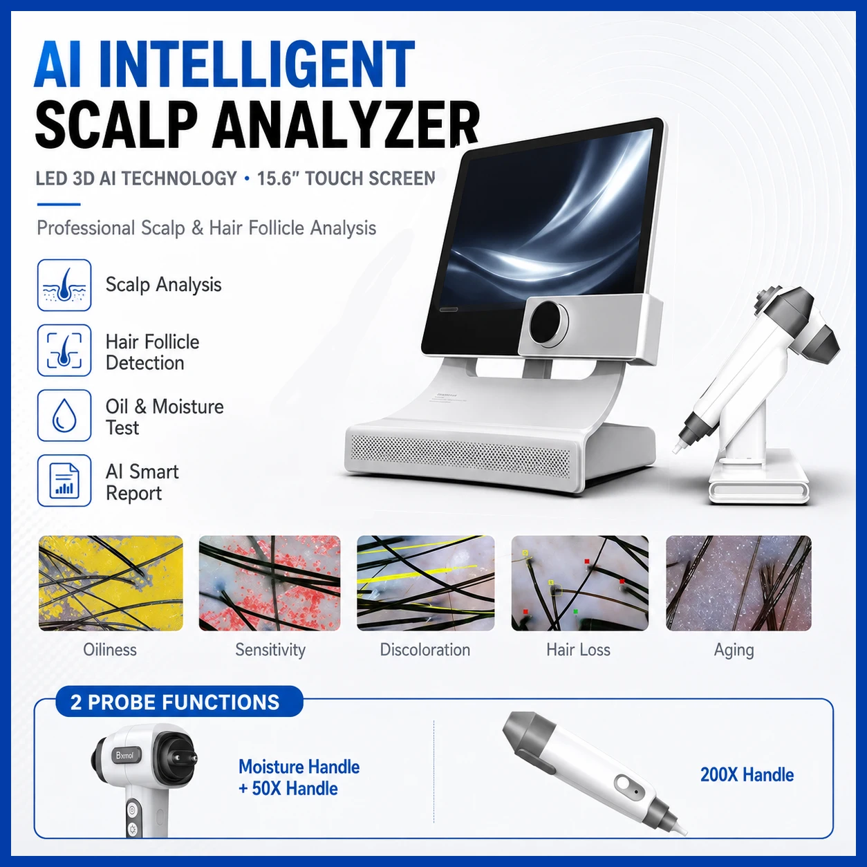 Professional AI Scalp Analyzer Hair Follicle Detector 2 Handles 50X 200X 4 Spectrum Imaging WiFi HD Moisture Sebum Density Tool