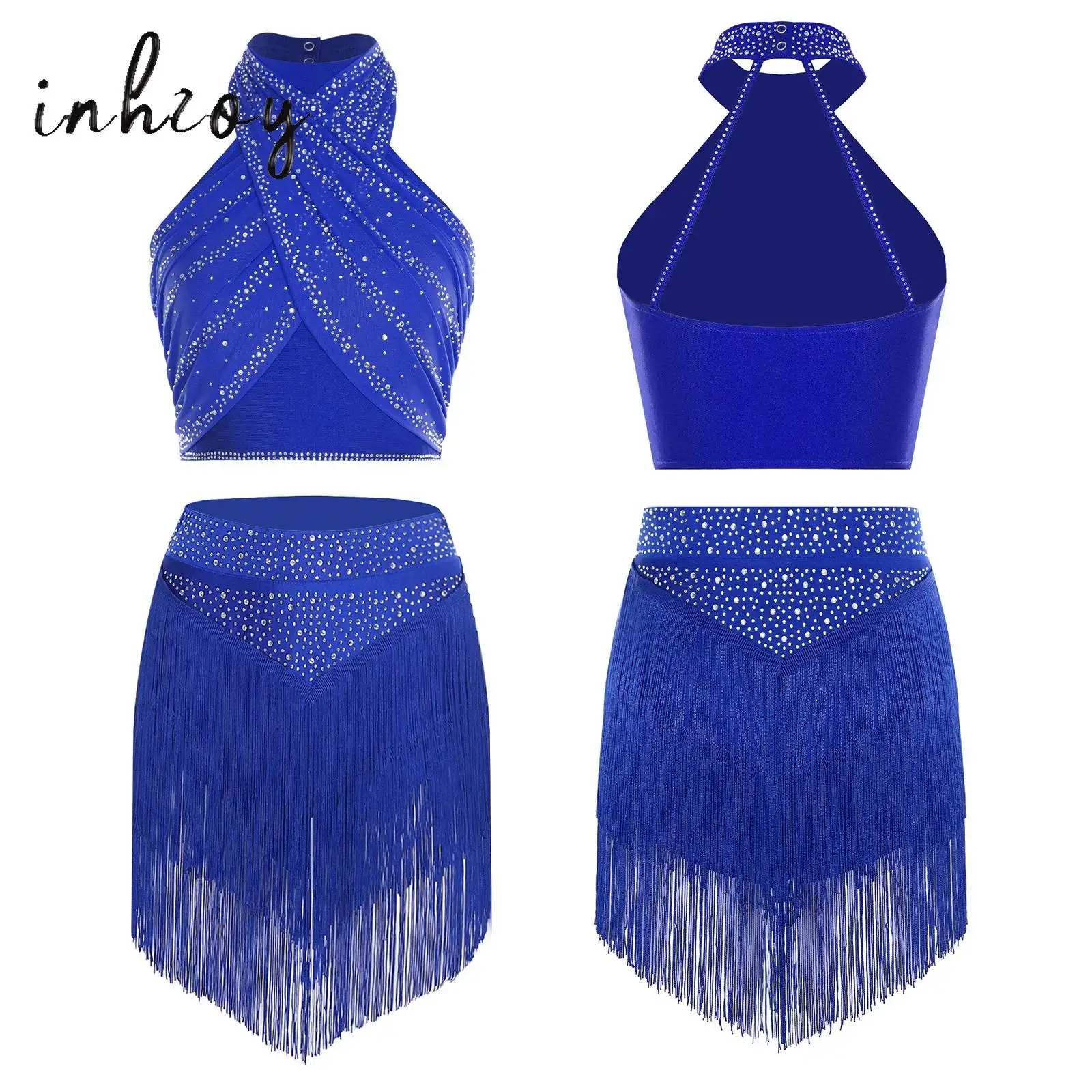 Women Fringed Latin Belly Dance Costume Outfits Rhinestone Tassels Skirt and Crop Tops for Salsa Samba Rumba Cha-cha Performance