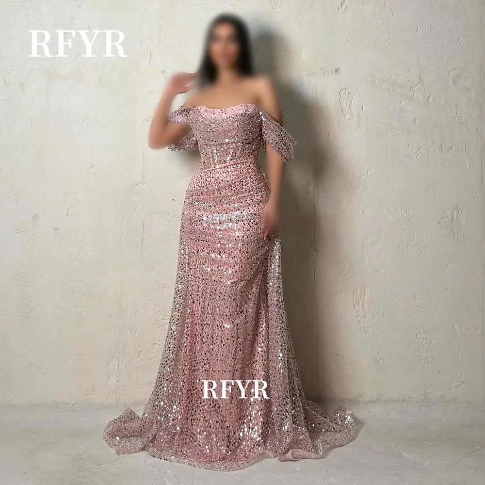 

RFYR Glitter Prom Dress Shiny Evening Dresses Off Shoulder Party Dress with Back Train مناسبة رسمية Customized