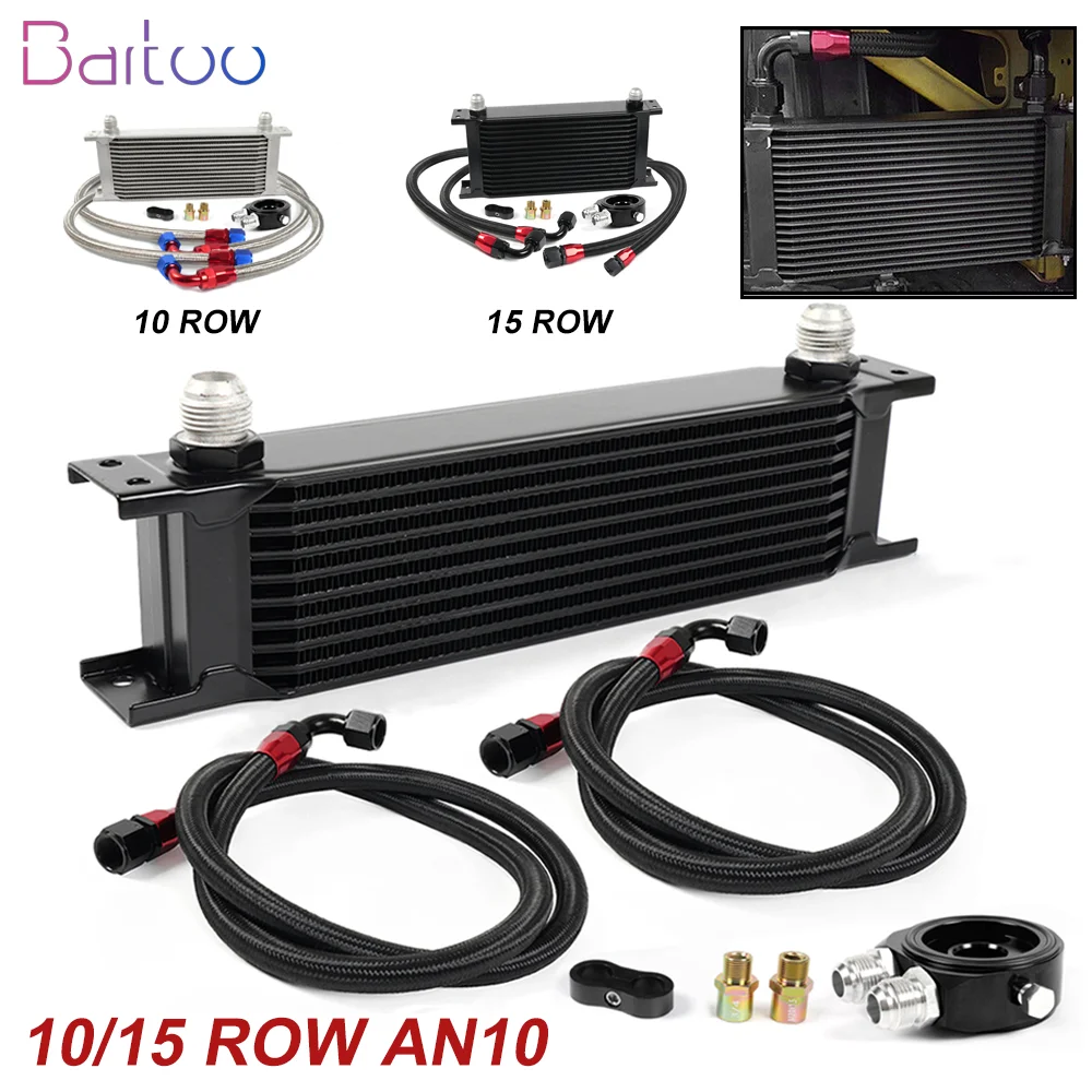 

10 Rows 15 Rows Oil Cooler Kit + Oil Filter Adapter + Staingless Steel Braided AN10 Hose + Line Separator Cooling System Part