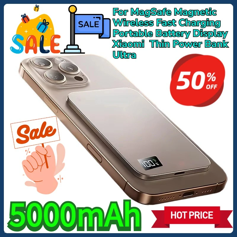 For MagSafe Magnetic Wireless Fast Charging Portable Battery Display Xiaomi 5000mAh Thin Power Bank Ultra