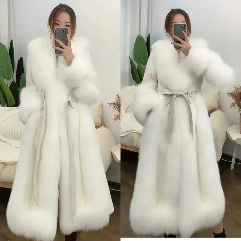 Winter Long Warm Thick Wool Faux Fur Coat Women Fur Collar Scarf Cuff Runway Loose Luxury Designer Clothing Women 2023 Fashion