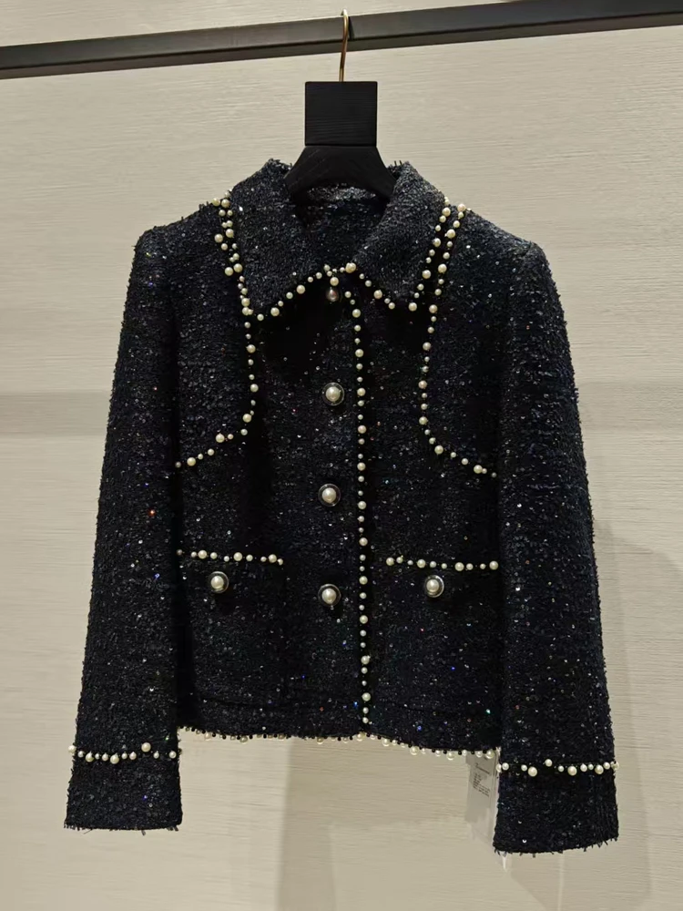 الرجعية اليدوية تويد التلبيب الأزرق الأعلى زرر الترتر ملابس خارجية للنساء الفاخرة Sle الوقوف صالح طويل Sve معطف الخريف