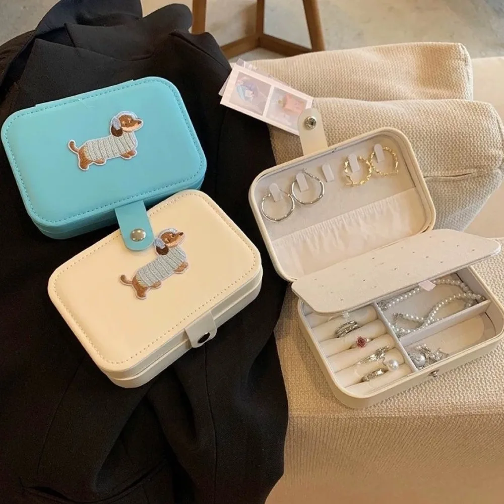

PU Leather Trinkets Storage Organizer Lovely Dog Cartoon Sausage Puppy Portable Jewelry Organizer Large Capacity Solid Color