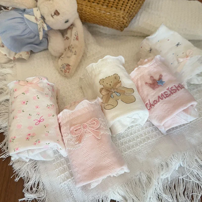 M-XL 1/5PCS Cartoon Bear Pink Cotton Women's Underwear Sweet Girl Bow Print Cute Breathable Panties Student Daily Comfort Briefs