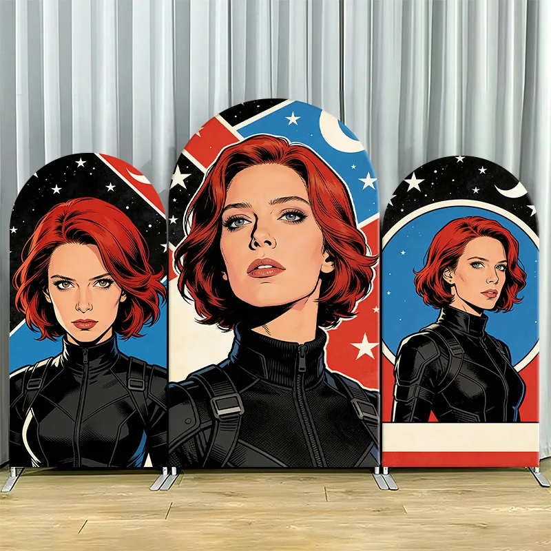 

Arch Backdrop Cover Single Side Black Widow Comic Star Moon Red Hair Tactical Suit Party Decoration Photo Booth Background Props