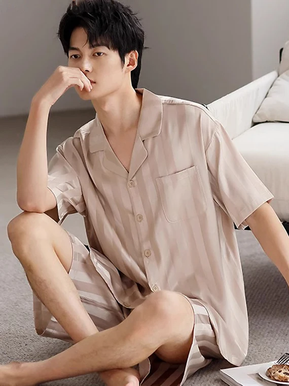 

DAIMELU Ice silk pajamas men's thin summer short-sleeved pyjamas suits large-size Loungewear simple sleepwear set lady nightwear