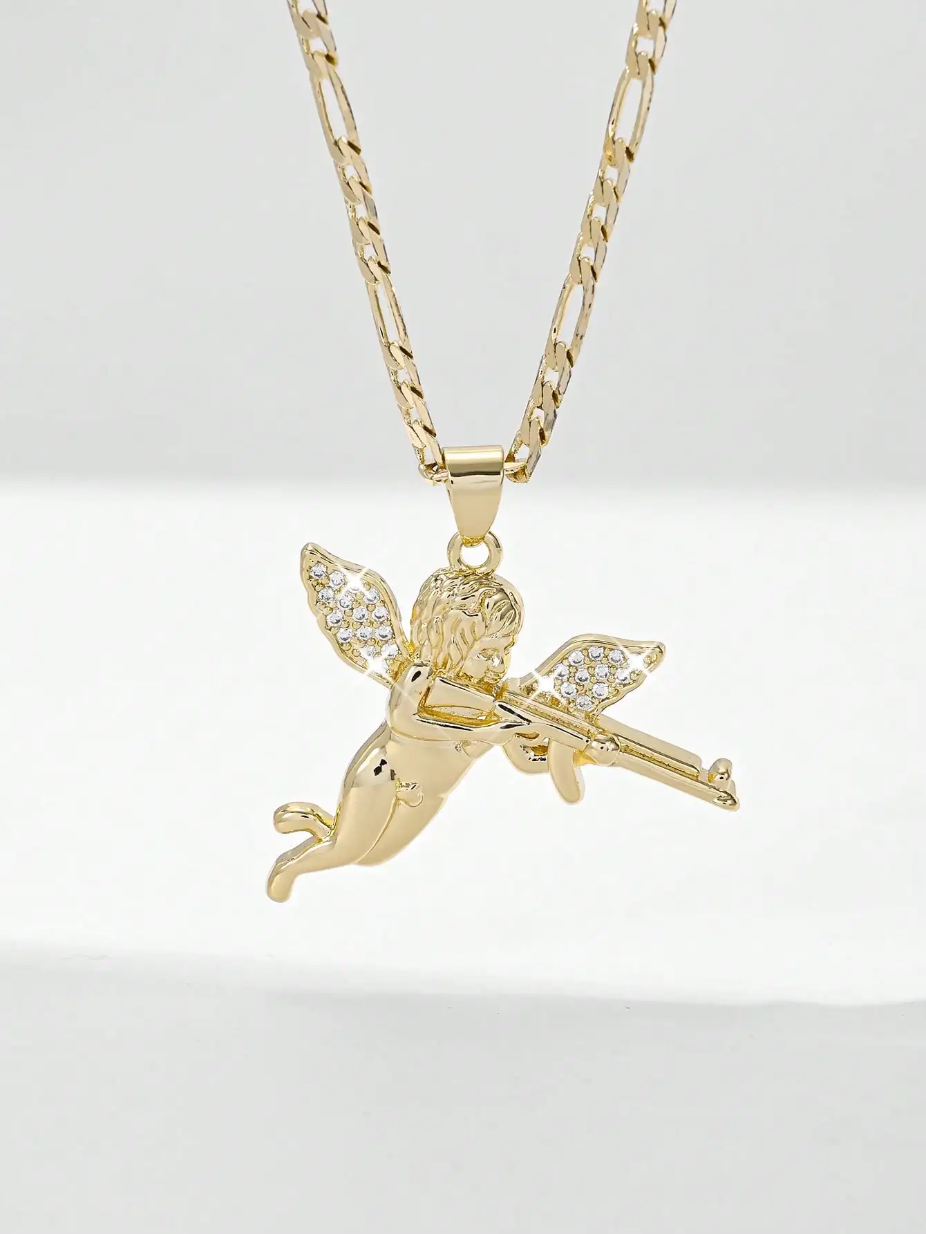 

14K Gold Layered Angel Cupid Archer Pendant Necklace with Zirconia Wings, Everyday & Holiday Wear