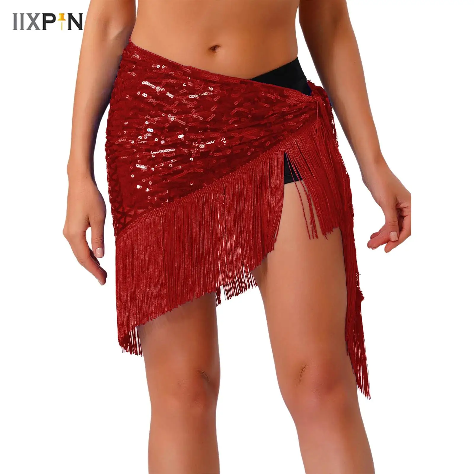 

Women's Belly Dance Hip Scarf Sequins Mesh Tassel Fringe Triangle Lace-up Skirt Waist Chain for Latin Flamenco Spanish Dance