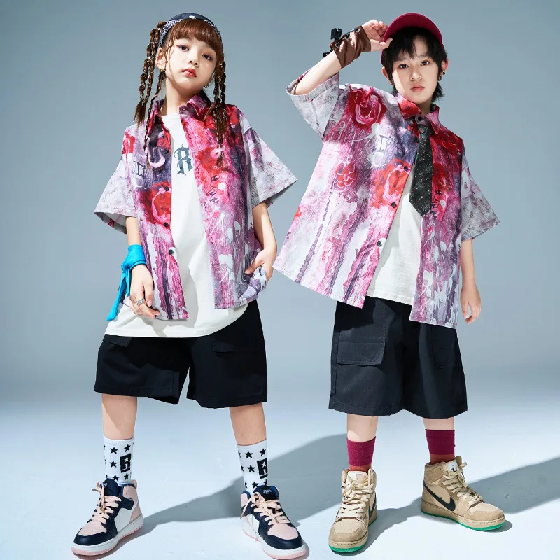 Kinder Hip Hop Kleidung Sets Krawatte Gefärbt Kurzarm Shirt Schwarz Shorts Jungen Street Dance Kostüm Mädchen Jazz Performance Anzug