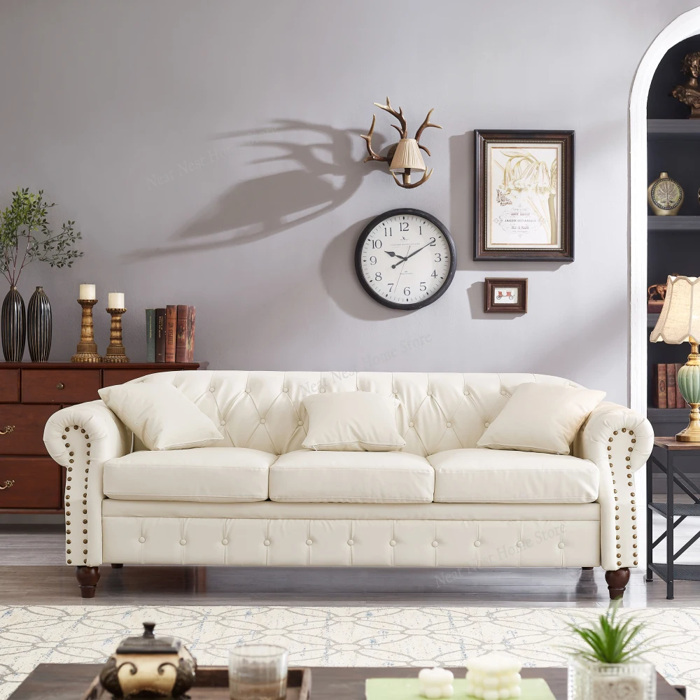 

85.8" Living Room Chesterfield Sofa Classic Tufted Design Faux Leather PU Upholstered Sofa with Storage (Ivory), home furniture