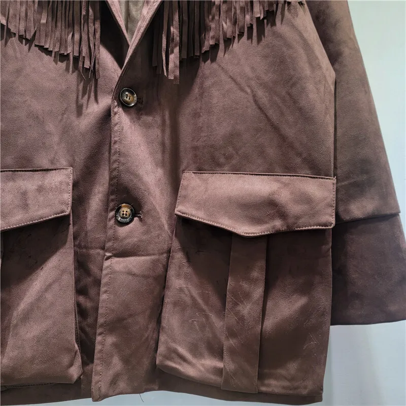 HKSH 春秋の新女性ジャケットシングルブレストポケットタッセルフェイクスエードベルベットブレザーストリートカジュアル潮コート HK12176