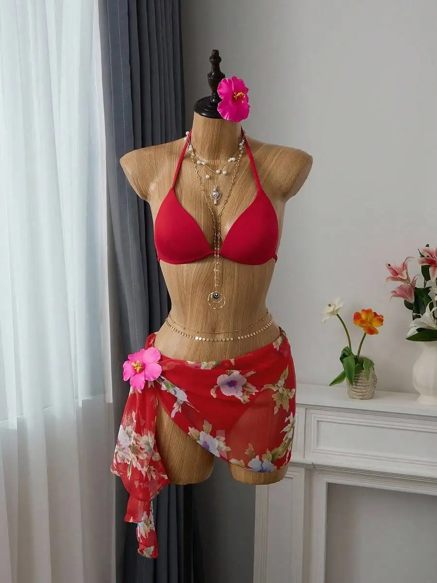

Red Floral Wrap Skirt Halter Twist Front Bikini Set For Women