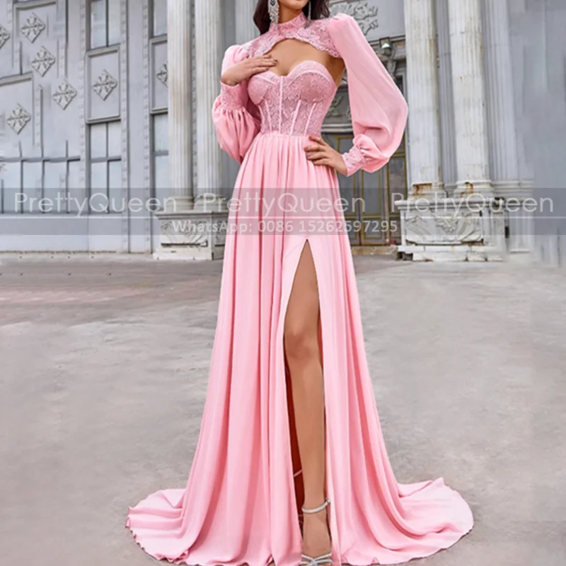

Lace A Line Evening Dress With Long Sleeves High Split Appliques Chiffon Customized Prom Dresses Party Formal