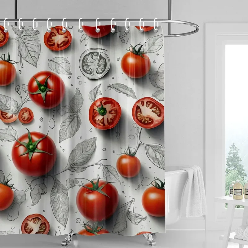 

Strawberry Tomato Shower Curtain - Waterproof & Anti-Mold Fabric Kitchen/Bath Decor（Vibrant Red/Green Fruits Pattern）