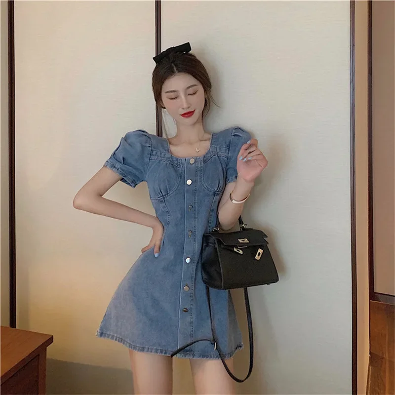 Vestido vaquero adelgazante de manga corta con burbujas para mujer, minifalda de verano de talla grande con cintura ajustada y tirantes para el hombro, elegante