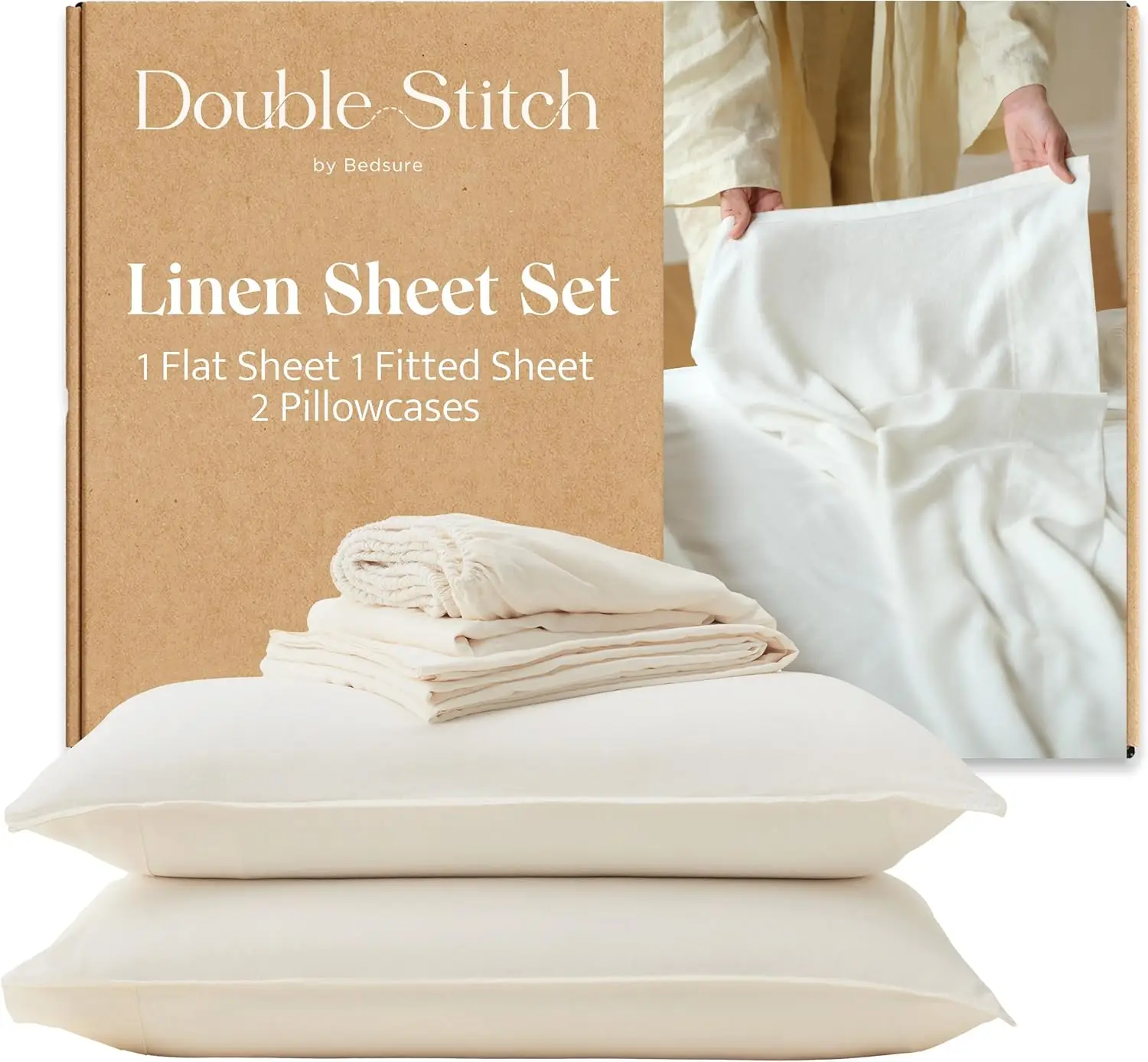 

Double Stitch European Flax Linen Sheets King - Breathable Linen Blend Bedding Set 4 Pc, Sustainable, Moisture-Wicking &