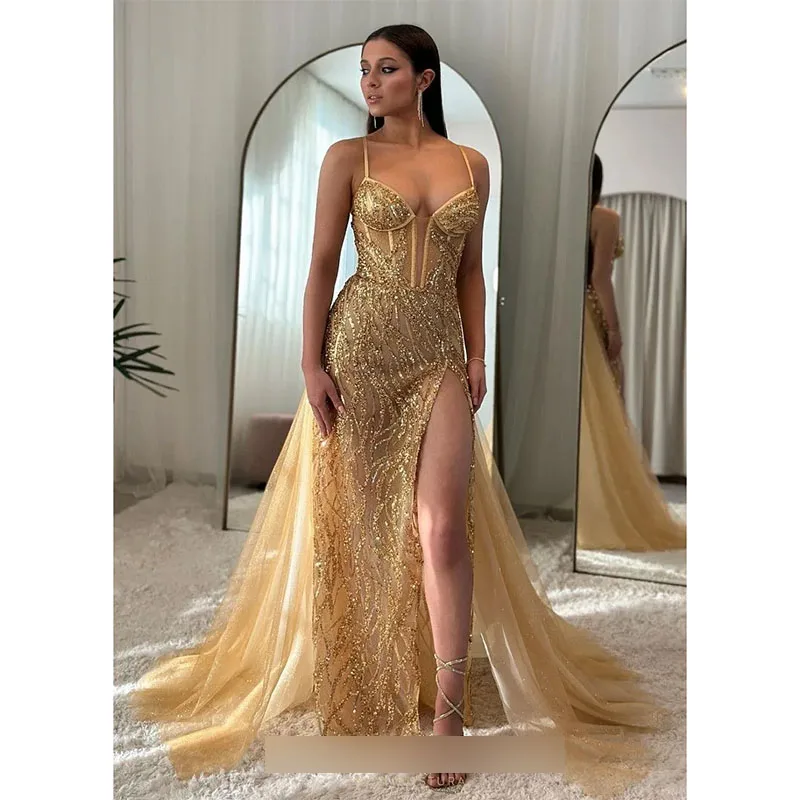 Vestido de baile de sereia dourado com saia destacável, Coxa dividida, Vestido de noite ilusório, Vestidos de festa para ocasiões especiais