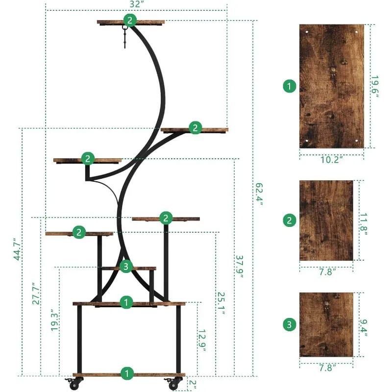 حامل نباتي داخلي مع أضواء للنمو، حامل نباتات داخلي بعجلات، رف نباتي 8 طبقات داخلي، حامل نباتات طويل القامة داخلي قطعتان #4