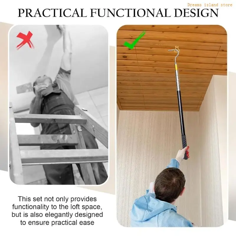 Attic Ladder Arom Hook Hook Mit Meature Rod Telescoping Rod و Coppers Rings HX6C