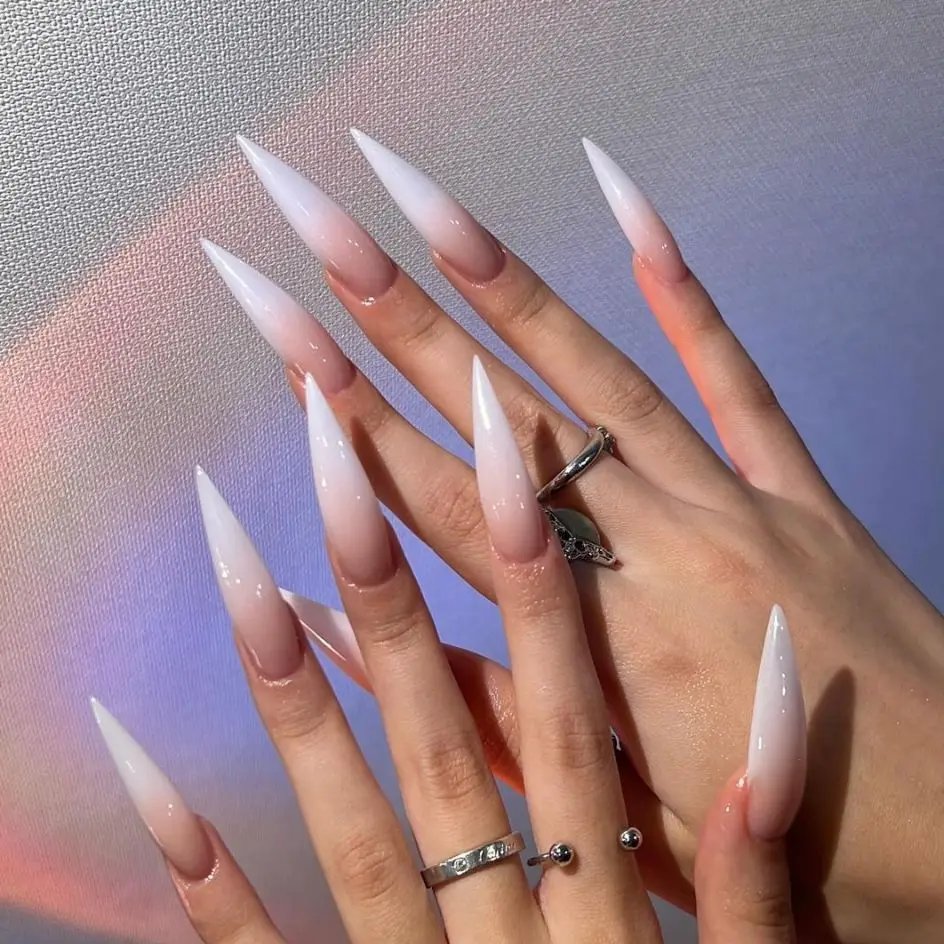 

24PCS Super Long Tip White Gradient Fake Nails Press On Acyrlic Nails Stiletto Nude False Nails Pointed Fashion Nails Wearable