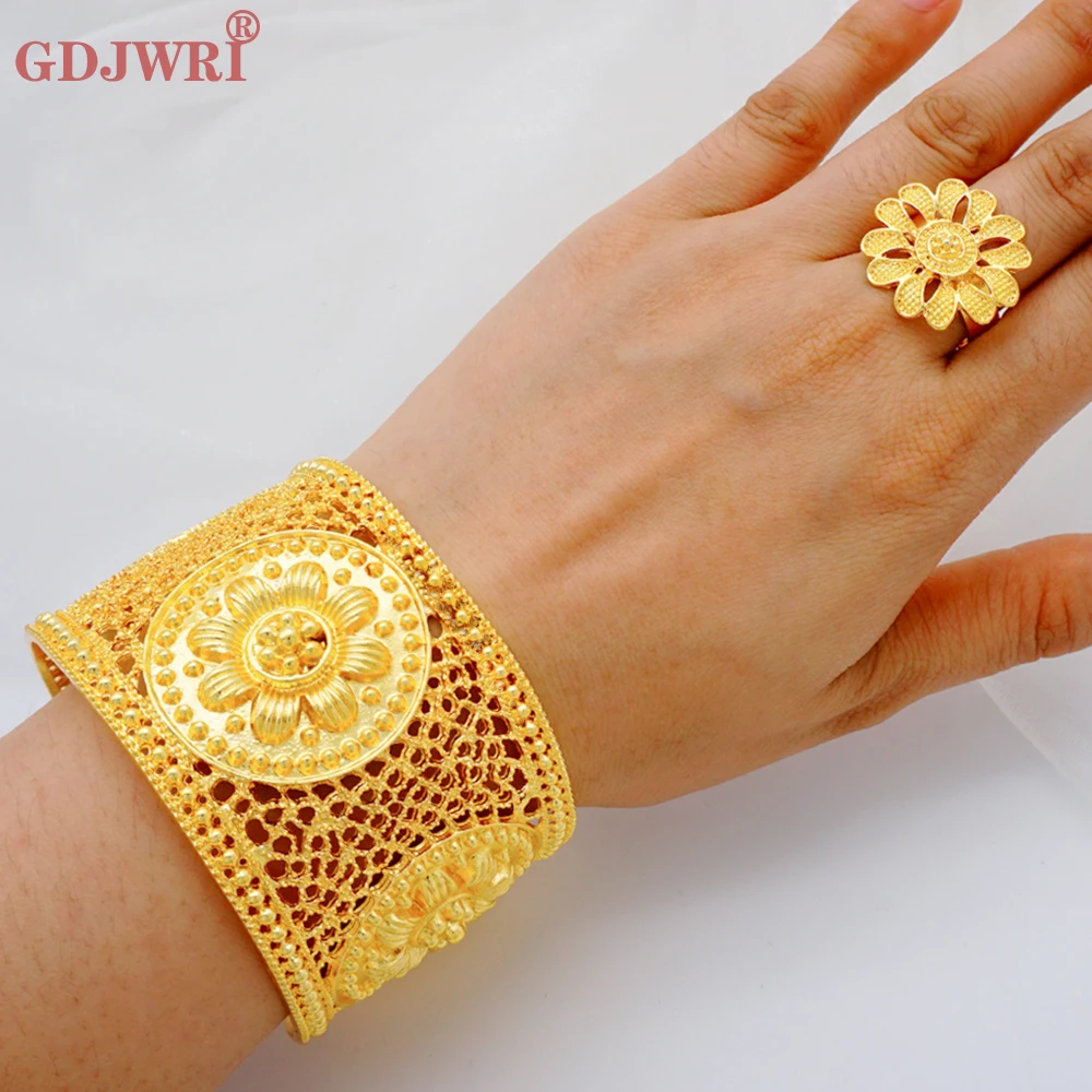 

Adjustable Dubai Gold Color Bangle With Ring For Women African Bijoux Bracelet Jewellery Indian Nigerian Wedding Gift