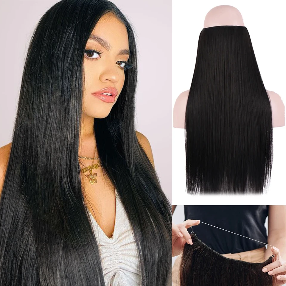 WTB Synthetic Straight Hair Extensions Natural Black Blonde Brown One Piece False Hairpiece Fish Line Fake Hair Piece