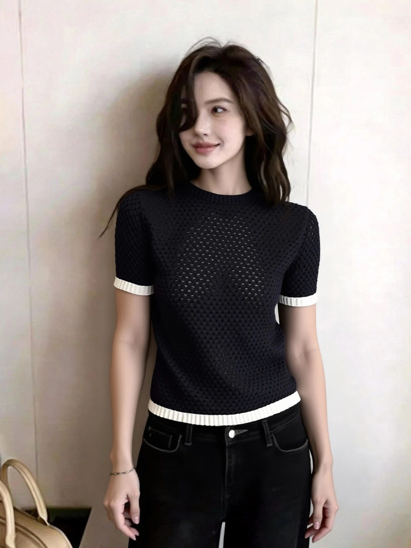 

Slimming Knitted Top Soft Comfortable Short Sleeve Color Block Design Summer Fashionable Women's plus Size Inner Wear Korean ...