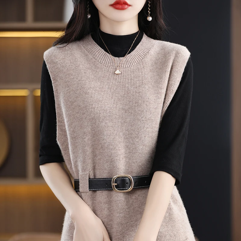 BELIARST 2023 Spring New 100% Merino Wool Dress Women\'s Round Neck Knitted Long Sweater Fashion Korean Sleeveless Wool Dress