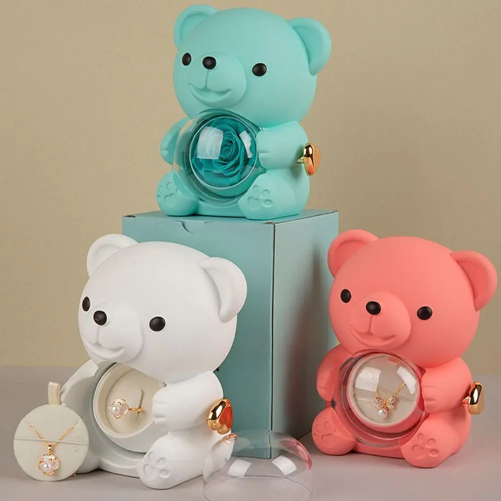 Criativo rotativo rosa caixa de jóias sabão flor rosa urso presentes caixa colar vermelho anel de armazenamento caso de presente para mulher