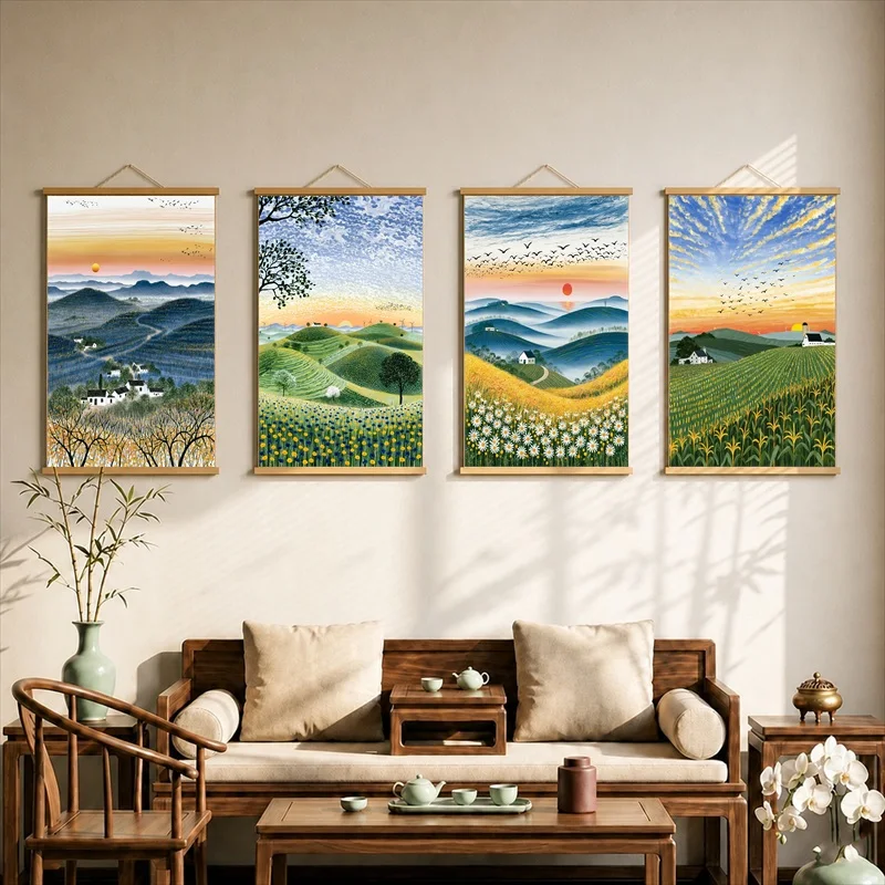 Wall Art Rolling Fields from Summer into Early Autumn, Soft Landscape Pearlescent Canvas Wall Hanging Scroll for Rural Hotel