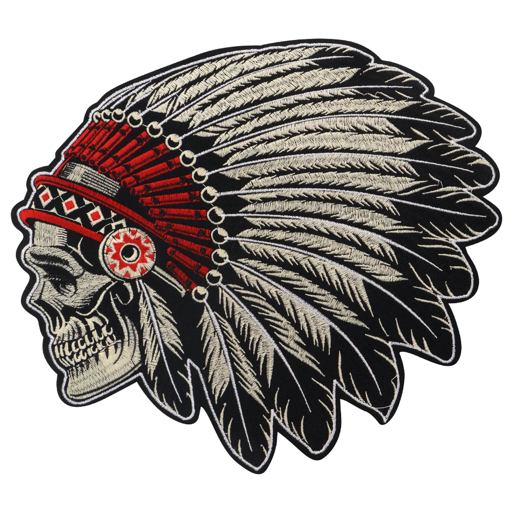 Feathered Indian Head Death Skull Embroidered Iron on Patch Embroidery Native Ethnic Retro Skeleton Applique Badge Accessories