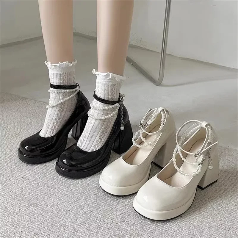 Kobiety Mary Jane Buty Wiosna Jesień Klamra Solidny Kolor Gruby Dół Czółenka Okrągła Głowa Chunky Heel Wysokie Obcasy Zapato De Tacon