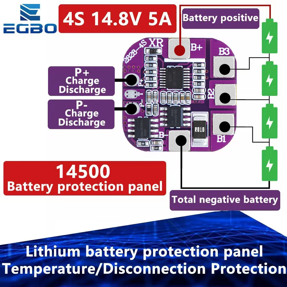 4S 5A 14500 Battery Packs Charge Board BMS 14.8V Same Port Lithium Battery Protection Board Temperature/Disconnection Protection