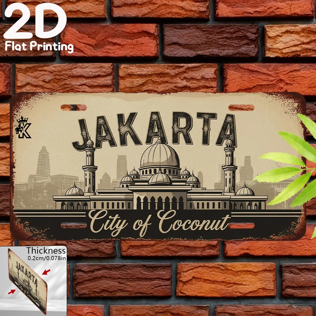 2D Flat, Vintage Aluminum Sign, 2D Flat Print, 1pc, Decorative Plaque & Ornament (15.24cm x 30.48cm), Jakarta City of Coconuts,