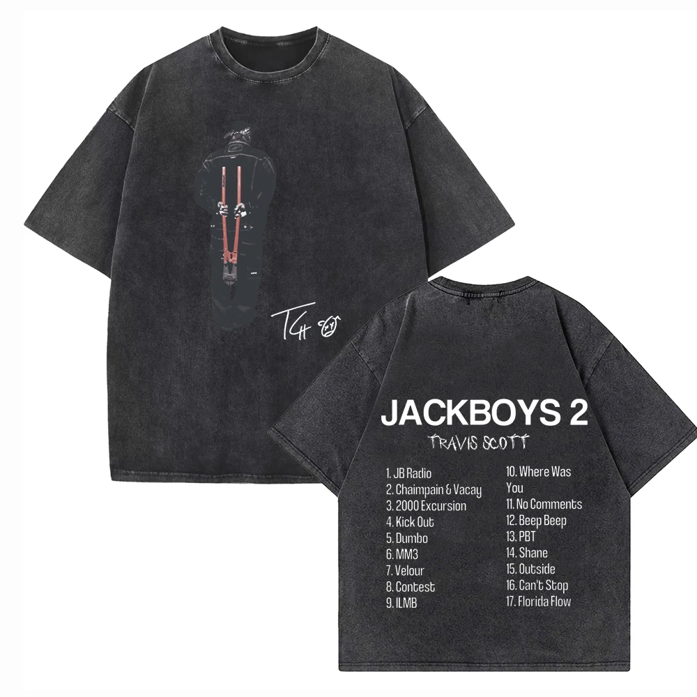 JACKBOYS and Travis-Scott JACKBOYS 2 Washed T-shirt Vintage O-Neck