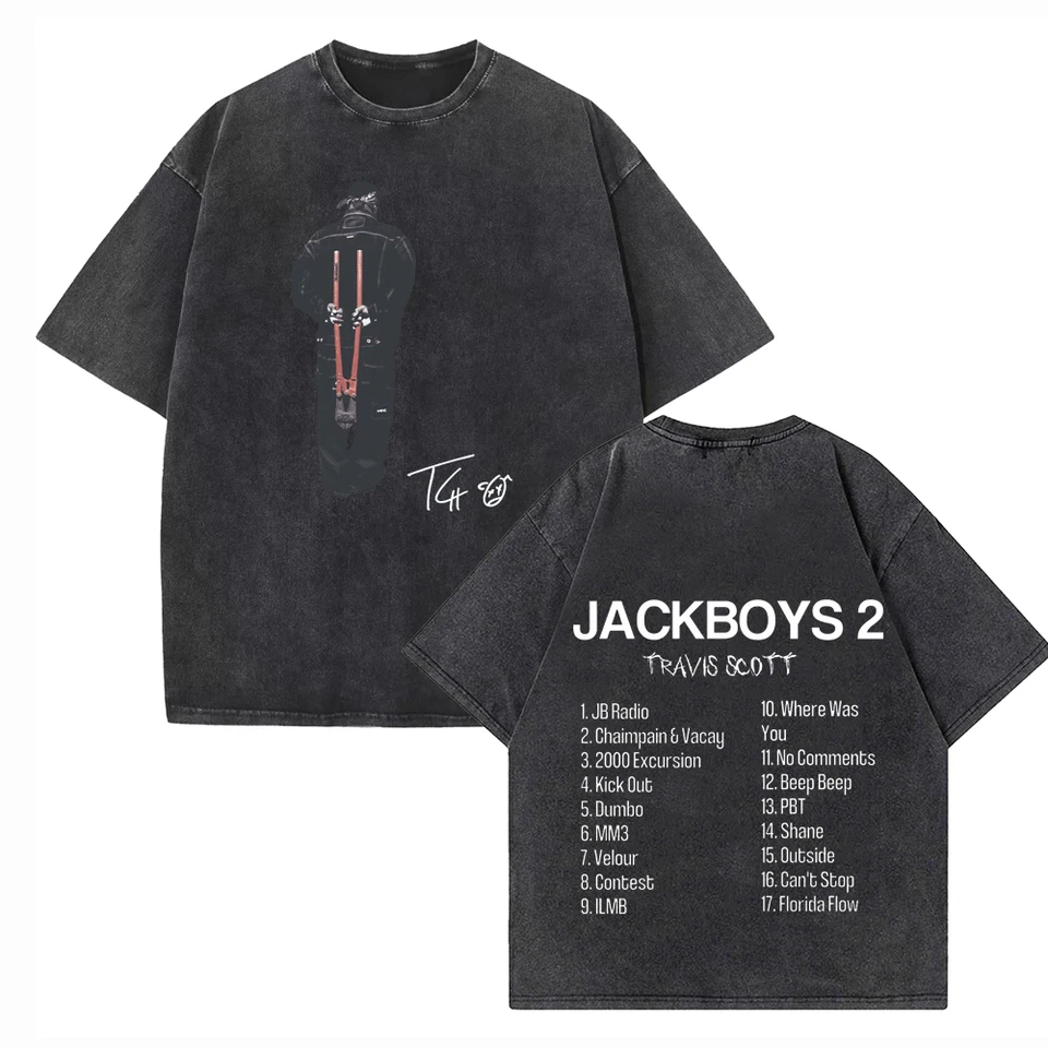 JACKBOYS and Travis-Scott JACKBOYS 2 Washed T-shirt Vintage O-Neck