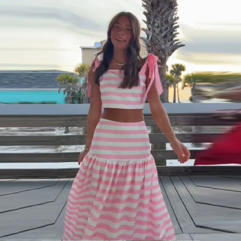 

Fashion Pink Stripe Two Piece Set Women Casual Sweet Tie Strap Sleeveless Crop Top Tiered Maxi Skirt Lady Party Vacation Outfit