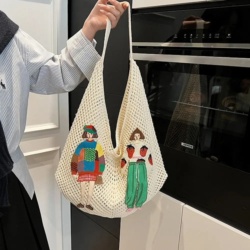 

Trendy Sweet Knitted Tote Bag Hollow Out Bohemian Style Weave Shoulder Bag Embroidery Underarm Bag Crochet Beach Bag Summer