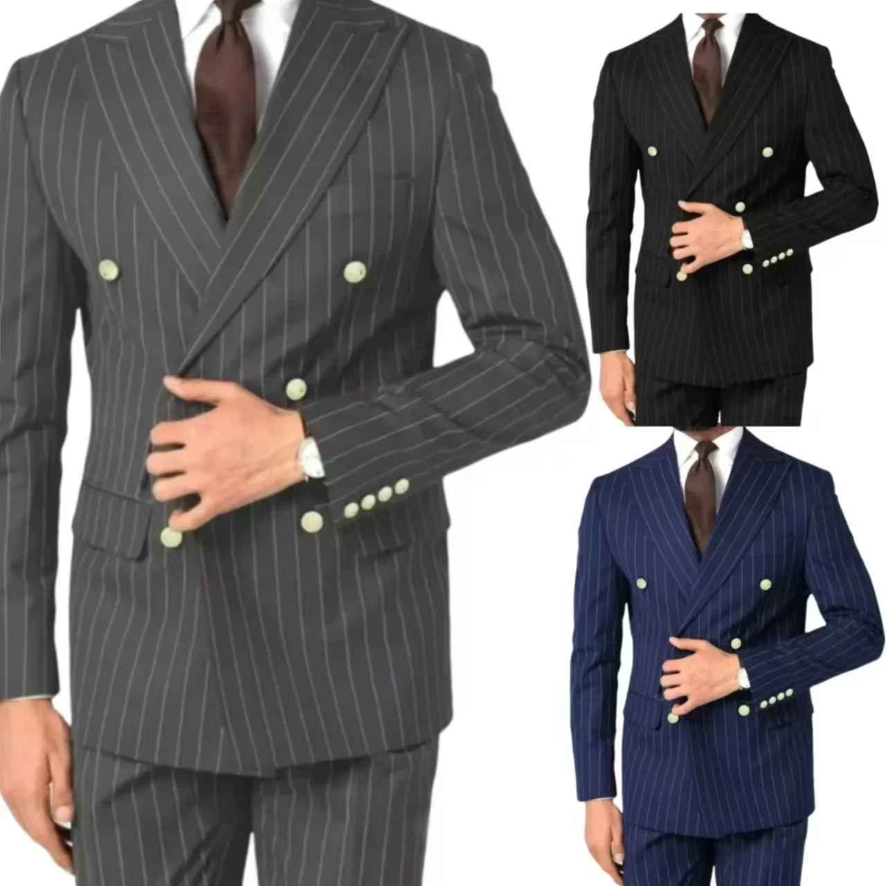 الفاخرة مخطط الرجال بدلة سهرة 2 قطعة مجموعة الذروة التلبيب السترة والسراويل الزفاف الأعمال حفلة موسيقية ملابس خارجية غير رسمية للرجال
