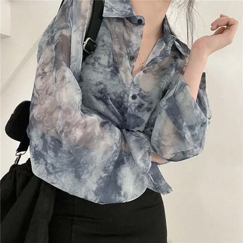 Chiffon Tie Dye Shirts Women Korean Fashion Loose Long Sleeve Sun-Proof Blouse Female All-Match Summer Holiday Baggy Casual Top