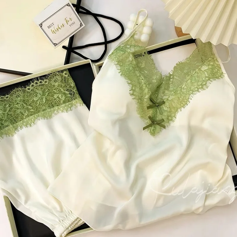 

Sexy Female Suspender Pajamas Set Sleepwear Summer New Nightwear Strap Top&shorts Intimate Lingerie Silk Satin Homewear Pyjama